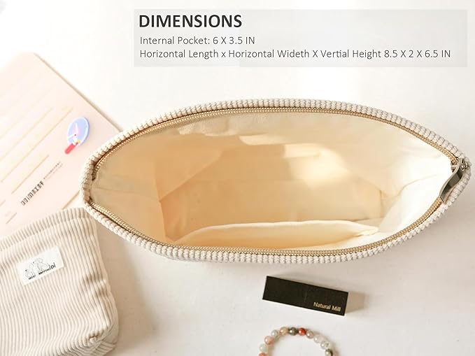 HAPPYHEIDI Large Corduroy Makeup Bag Compartment Cosmetic Toiletry Travel Accessory Pouch Purse Organizer, Soft Creamy Pink