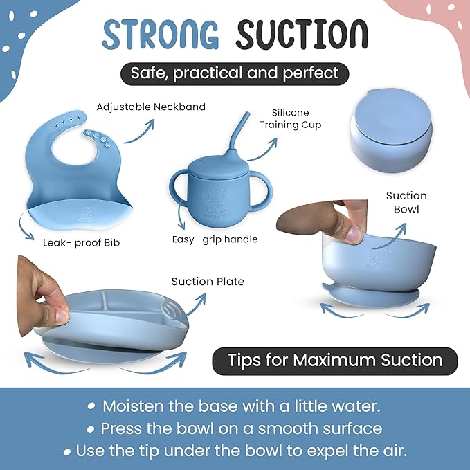 Silicone Baby Feeding Set, Eating Utensils with Suction Plate and Bowl, Baby Led Weaning Supplies, Toddler Self Feeding Dish Set with Waterproof Full Sleeve Bib, Spoon, 10pcs (Blue)