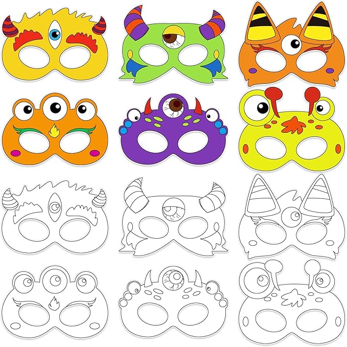 36 Set Monster Coloring Mask Halloween Paper Arts Crafts Kid Color Your Own Animal Blank DIY Mask Masquerade Birthday Dress-Up Party Decoration Favor School Classroom Activity Game Supplies