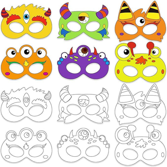 36 Set Monster Coloring Mask Halloween Paper Arts Crafts Kid Color Your Own Animal Blank DIY Mask Masquerade Birthday Dress-Up Party Decoration Favor School Classroom Activity Game Supplies