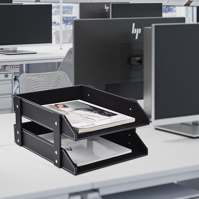 XNONE Leather Desk Organizer,2-Tier Stackable Letter Tray Holder,Office Supplies Desktop Storage Box for Document,Stationery,Magazines,Newspapers,Letters and Other Home Office Paper Sundries,Black