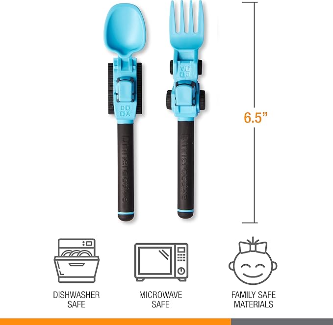 Dinneractive Utensil Set for Kids – Construction Themed Toddler Forks and Spoons, Toddler Utensils – 2-Piece Set – Blue Construction Utensils for Toddlers - Loader & Tractor Toddler Spoons and Forks