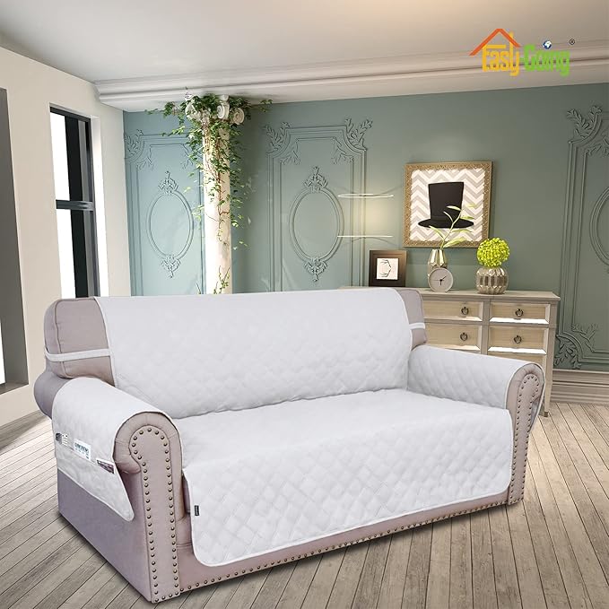 Easy-Going Sofa Slipcover Loveseat Cover Waterproof Couch Cover Washable Sofa Cover for 2 Cushion Couch Non-Slip Fabric Furniture Protector with Pocket for Pets Kids Dog Cat (Loveseat, White)