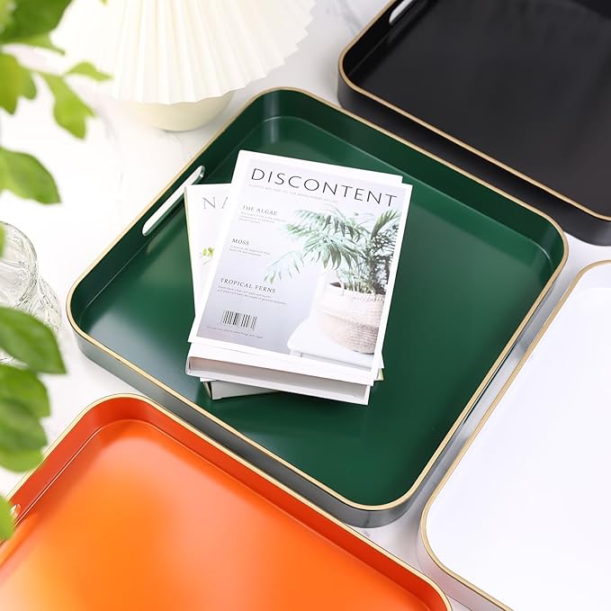Omuriko Green Square Decorative Tray with Handles, 13"*13" Versatile Serving Tray for Coffee Table, Ottoman, Ideal for Serving, Displaying, Organizing