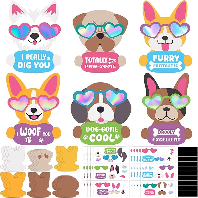 30 Sets Valentine's Day Craft Kit for Kids DIY Valentine Iridescent Cool Dog Magnet Craft Make Your Own Valentine Dog Craft for Valentine's Day Home Classroom Party Favor Game Activities
