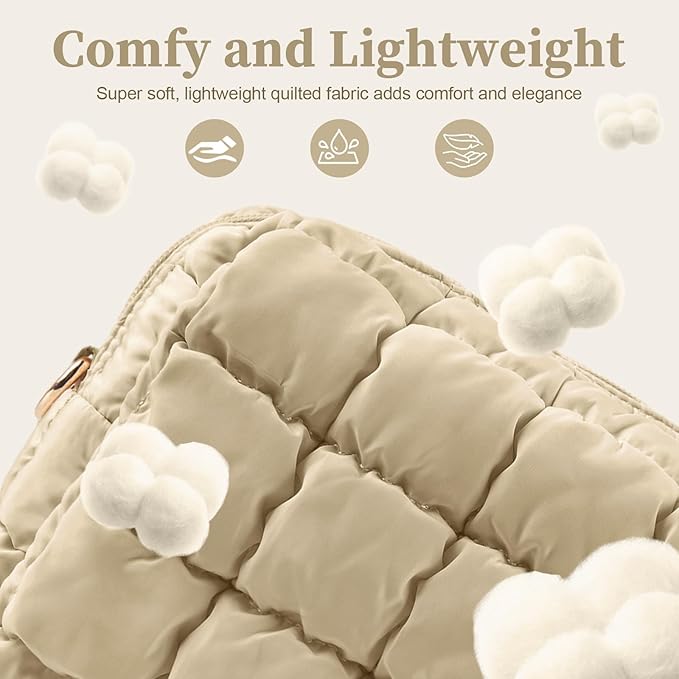 Puffer Quilted Makeup Bag Cosmetic Bags,Puffy Travel Toiletry Pouch for Women,Cute Checkered Zipper Bag Travel Essential,Portable Aesthetic Make up Organizer Bag for Gifts Work Daily(Khaki,S)