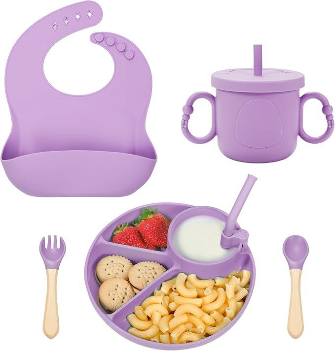 Silicone Baby Feeding Set, Baby Led Weaning Supplies, Silicone Suction Plate, Bowl, Spoons, Fork, Waterproof Bib, Cup and Food Tableware, Eating Utensils Baby Feeding Essentials for 3+ Months