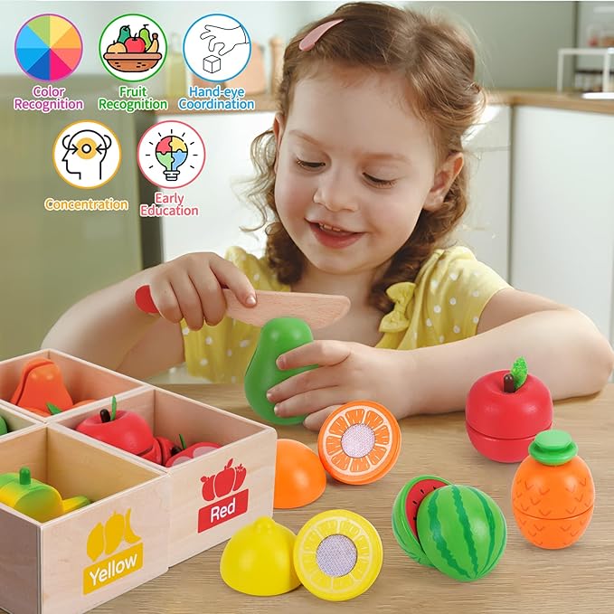 Fruit Sets - Kids Learning Toys for Toddlers 1-3, Play Kitchen Accessories Pretend Play Toys, Play Food Sets for Kids Kitchen, Wooden Fruit Preschool Toys for Girl Boy Christmas Birthday Gifts
