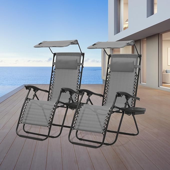 Athena Collection Zero Gravity Outdoor Lounge Chair Set of 2 with Canopy Shade, 25" Width Pool Lounge Lawn Chairs Reclining with Cup Holder, Outdoor Chaise for Beach Patio Outside, Grey