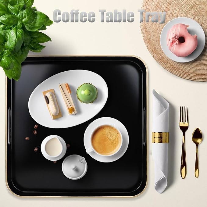 Omuriko Black Square Decorative Tray with Handles, 13"*13" Versatile Serving Tray for Coffee Table, Ottoman, Ideal for Serving, Displaying, Organizing