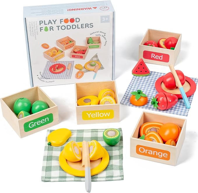 JOCY Wooden Play Food Set for Kids Kitchen – 24 Pcs Montessori Cutting & Sorting Fruits with 4 Boxes, Pretend Play Toys for Toddlers 3+, Educational Gift for Kids