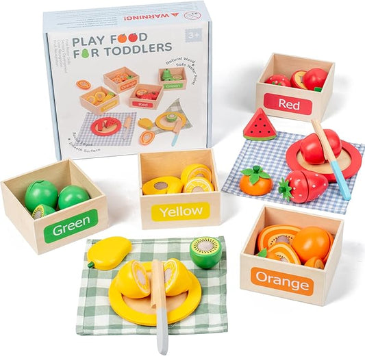 JOCY Wooden Play Food Set for Kids Kitchen – 24 Pcs Montessori Cutting & Sorting Fruits with 4 Boxes, Pretend Play Toys for Toddlers 3+, Educational Gift for Kids