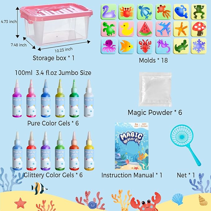Hrsqu Magic Water Elf Toy Kit - Aqua Elf Water Gel Kit - 100ml Large Capacity Water Fairy Kits with 18 Marine Animals Molds - Christmas Gifts for Kids Birthday Gifts Party Favors (12 Colors)
