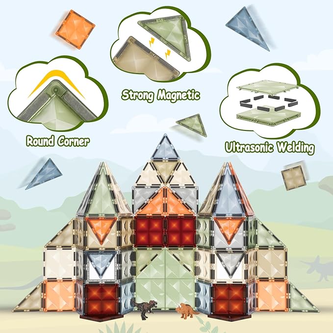 3D Magnetic Tiles, STEM Learning and Encourage Imaginative Play Magnetic Blocks, Preschool Puzzle Magnetic Toys with Dinosaur, Gift for Boys and Girls 3 4 5 6 7 8 Years+