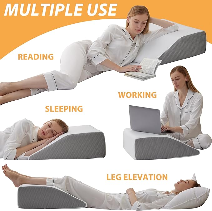 Bedluxe Leg Elevation Pillows, Leg Pillows for Sleeping, Cooling Gel Memory Foam Top, Wedge Pillow for Legs, Leg Wedges for Circulation, Swelling, After Surgery - Removable Cover (10 Inch, White/Grey)