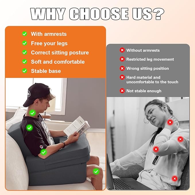 comehealthy Lap Desk for Laptop, Reading Pillow for Adult, Memory Foam Gaming Pillow with Cup Holder, Arm Rest Couch Pillow for Working, Gaming, Reading, Laptop Desk for Couch Bed Floor(Grey)