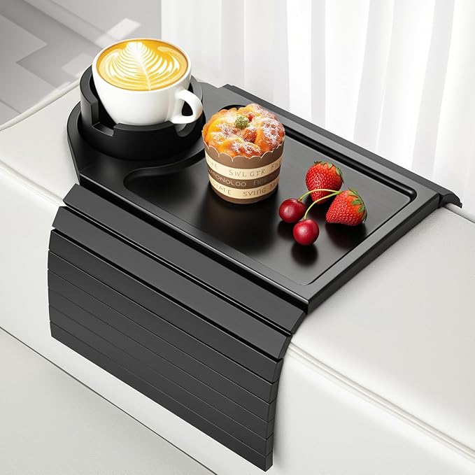 Couch Arm Tray, Bamboo Sofa Table for Couch, Sofa Arm Tray with Cup Holder, Non-Slip Armrest Organizer for Drink, Cup, Snack, Control, Easy to Clean, Black