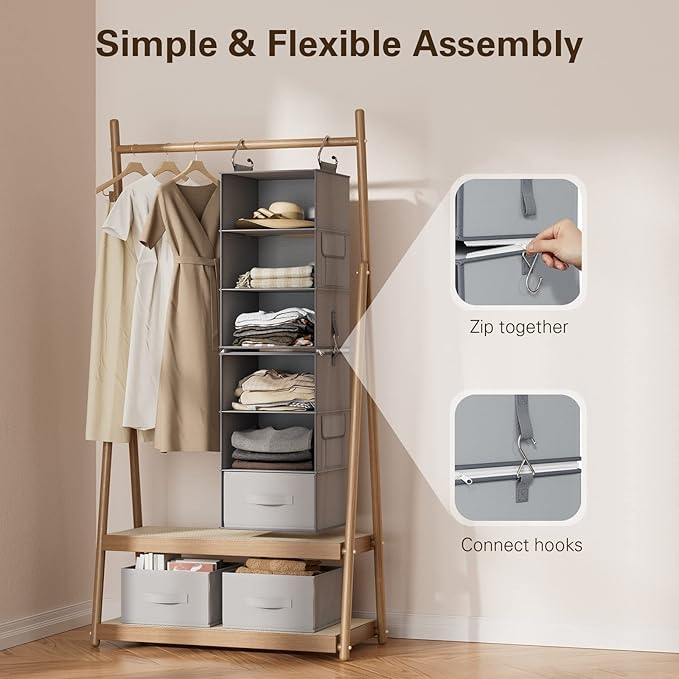 Pipishell 6-Shelf Hanging Closet Organizer with 2 Separable 3-Tier Shelves, 3 Drawers & Side Pockets Closet Organizers and Storage for Wardrobe Organization and Nursery Clothes Organizer, Gray