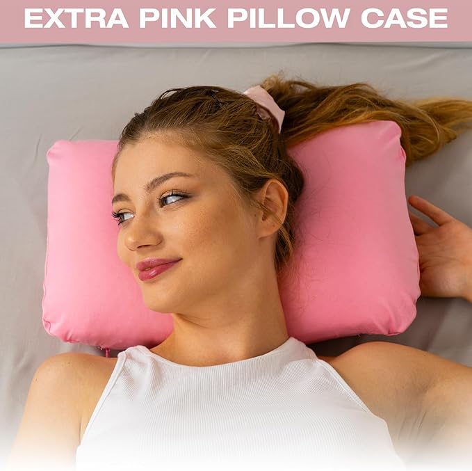 alkamto Travel & Camping Comfortable Memory Foam Pillow – Easy to Carry Portable Bag – Temperature Regulating Pillow Case (Pink + Extra Cover)