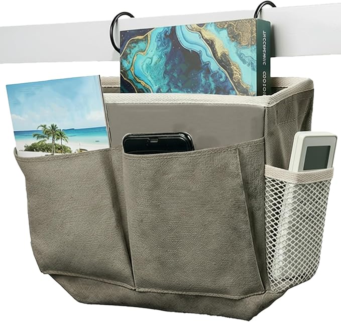 Bedside Caddy, Bedside Storage Bag Hanging Organizer for College Dorm Beds, Hospital Beds, Headboards Bunk Beds, Glasses, Book, Phone, Magazine (Grey)