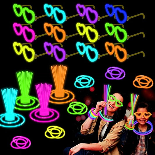 12 Pack Glow Heart Glasses Valentines Day Toys Gifts with 40 Glow Sticks & Connectors (for 12 Glow Glasses & 16 Bracelets), Neon Light Up Party Favor Supplies for Birthday Camping Dance (kids&Adults)