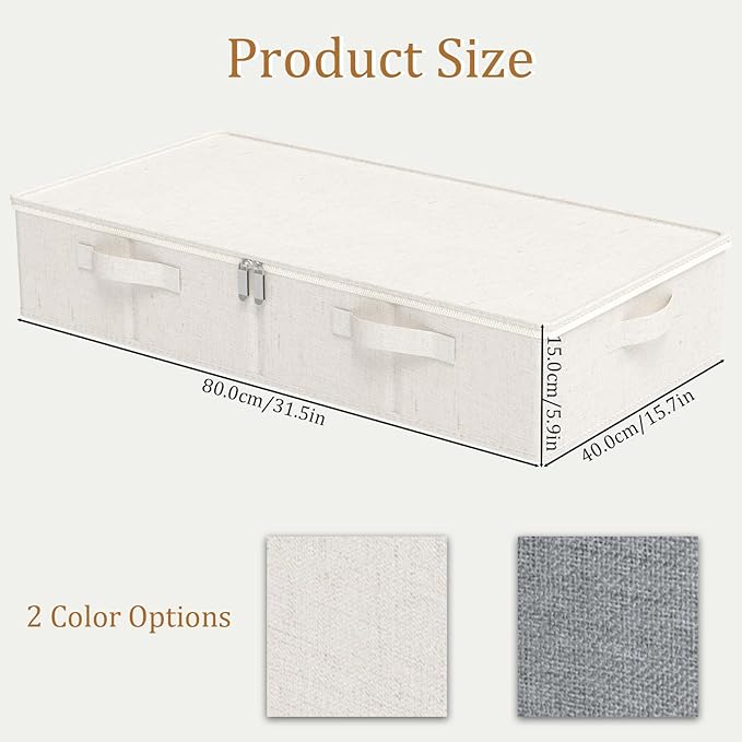 Underbed Storage Bins Compartment, Foldable Under Bed Boxes Organizer, Cube Container with Lid for Organizing Clothes, Sheets, Blankets, Comforter, 31.4x15.7x5.9in, Beige, 2 Pack