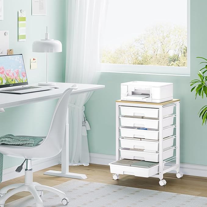 Rolling Storage Utility Cart with 6 Drawers and Wooden Tabletop for Under Desk Storage,White