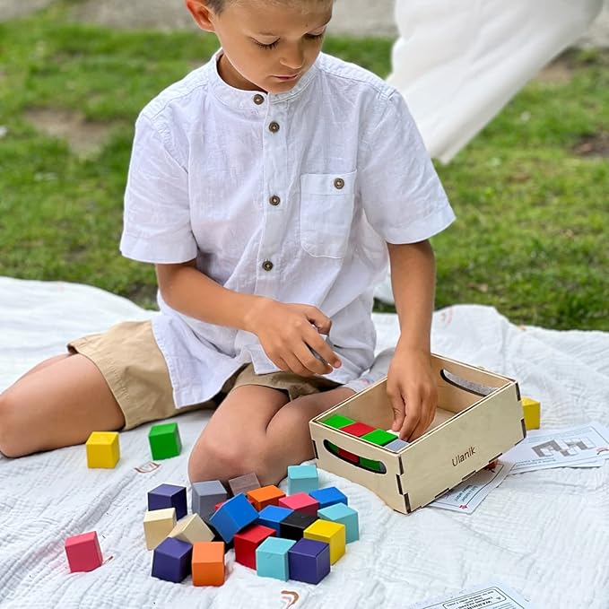 Ulanik Small Colored Cubes Toddler Montessori Toys for 3 Year Old + Kids Wooden Building Blocks Game for Learning Color Sorting and Counting — 40 pcs, 1.2 in