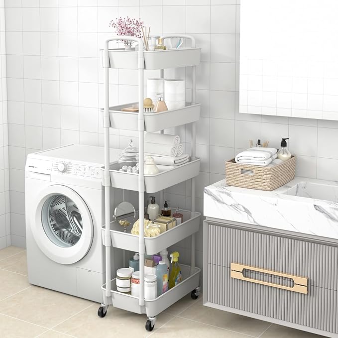 Sywhitta 5-Tier Plastic Rolling Utility Cart with Handle, Multi-Functional Storage Trolley for Office, Living Room, Kitchen, Movable Storage Organizer with Wheels, White