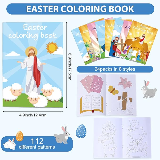24 Pcs Easter Coloring Books Bulk Kids Religions Mini Color Booklets DIY Art Drawing Christian Bible Easter Party Favors Gifts for Boys Girls School Classroom Stuffer Activity Decorations
