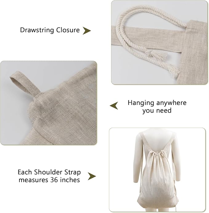 HSOFTIFY 100% Pure Linen Travel Backpack Laundry Bags with Shoulder Straps 20x24in-Washable Drawstring Hanging Laundry Hamper Rxtra Large Portable Cloth Laundry Bag for Dorm College Military Gym-Linen