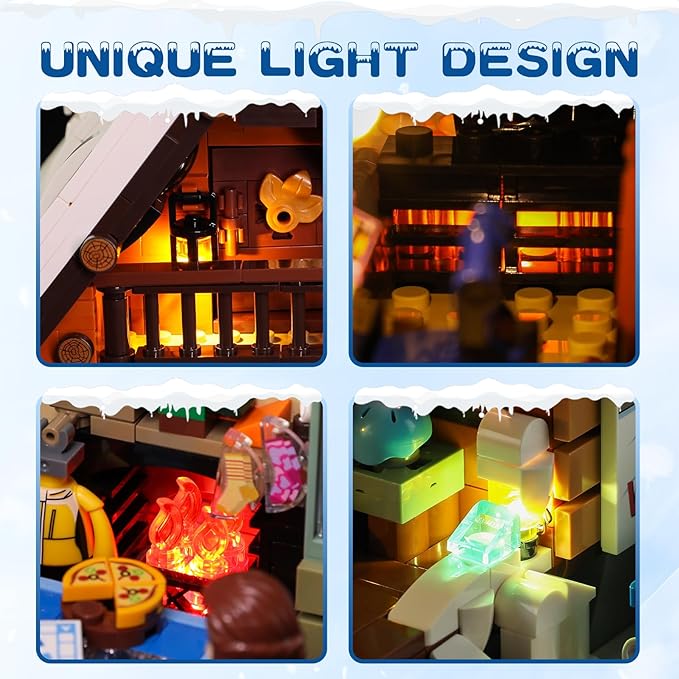 FUNWHOLE Christmas Ski-Cabin Lighting Building-Bricks-Set - Retro Christmas Winter Snow House Collection LED Light Building Construction Holiday Model Set 2187 Pcs for Adults and Teen