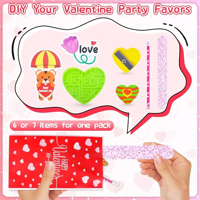 28 Pack Valentines Day Gifts for Kids Classroom, 222 PCS Valentines Exchange Party Favors Toys with Pencils, Erasers, Stickers, Cards, Slap Bracelets, Mazes, Assorted Valentines Stationery Kit