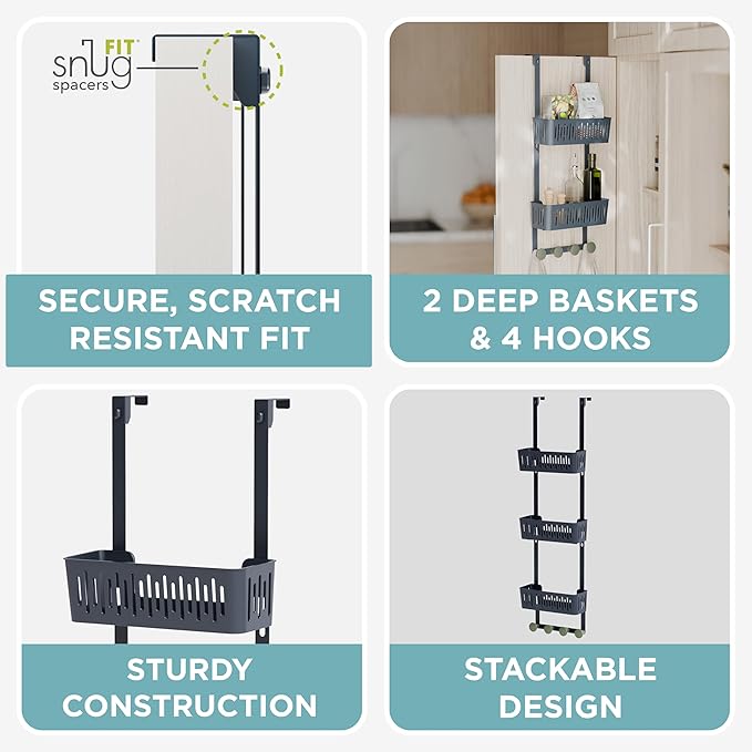 Zenna Home SnugFit Over the Door Caddy Organizer with 2 Storage Baskets and 4 Hooks, Over Door Hanging Organizer for Bathroom, Kitchen, Bedroom, Closet, Easy to Install, No Drilling, Blue