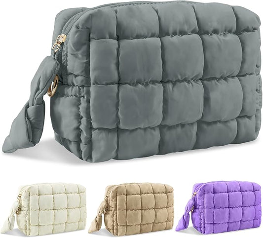 Puffer Quilted Makeup Bag Cosmetic Bags,Puffy Travel Toiletry Pouch for Women,Cute Checkered Zipper Bag Travel Essential,Portable Aesthetic Make up Organizer Bag for Gifts Work Daily(Grey,S)