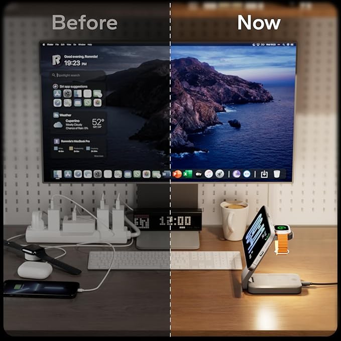 3 in 1 Foldable Wireless Charging Station for MagSafe, Nightstand Magnetic Charger Stand for iPhone 17 16 15 14 Pro Max, Travel Charging Dock with Night Light for Apple Watch/AirPods (Gray)