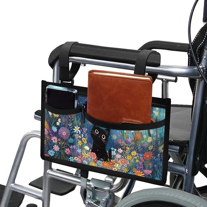 ZOUTAIRONG Black Cat Floral Wolf Wheelchair Side Bag, Wheelchair Armrest Pouch Accessories with Cup Holder, Storage Bag for Walker, Rollator