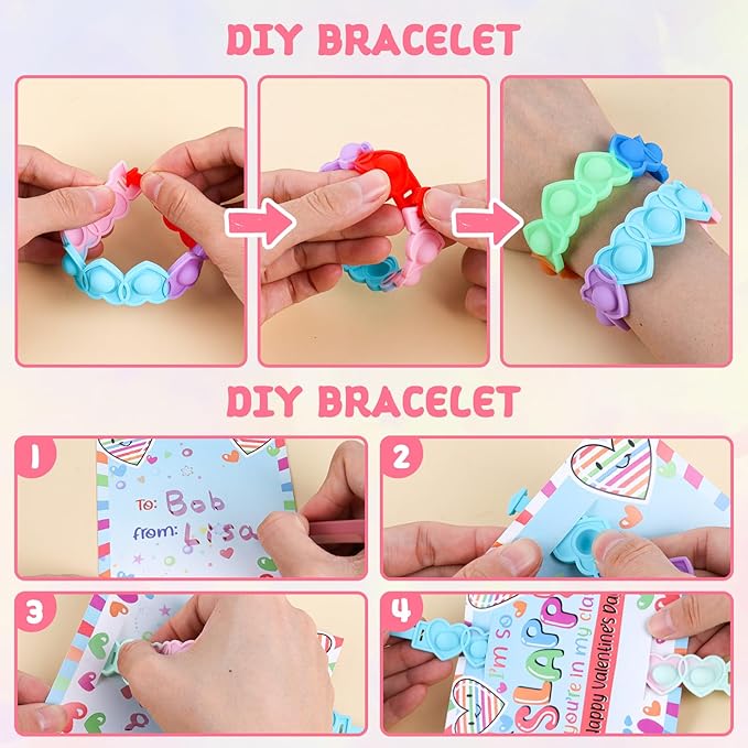 24 Packs Valentine Day Party Favors Kids, Heart Pop Fidget Toys Bulk Bracelets Cards for Kids School Classroom Prizes, Valentine's School Class Exchange Cards and Kids Party Favors