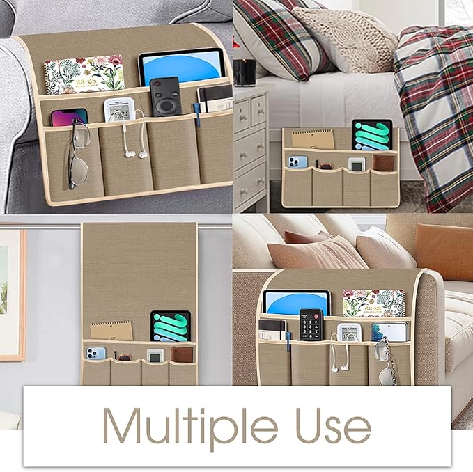 Joywell Armrest Organizer Remote Holder for Recliner Armchair Caddy Couch Sofa Arm Chair Caddie with 6 Pocket Storage for Magazine, Phone, iPad, Hazel