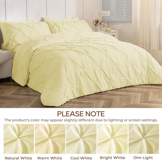 Sasttie Full Size Comforter Set, 7-Piece Bed in a Bag, Pintuck Bedding Set for All Season, Includes Comforter, Flat Sheet, Fitted Sheet, Pillowcases and Pillowshams, Cream Yellow