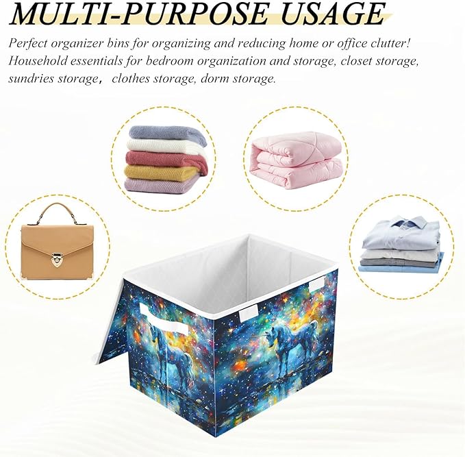 senya Large Storage Bins with Linen Collapsible Foldable Storage Cubes Fabric Closet Organizer Containers box with Flip-Top Lid for Home Bedroom Office 16.7 x 12.6 x 11.8in (Unicorn Stars Pattern)