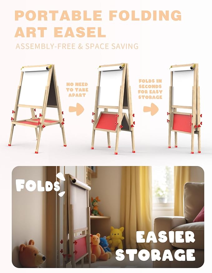 Joyooss Art Easel for Kids Easel, Kids Easel for Painting Wooden Whiteboard & Chalkboard Kids Art Easel, Toddler Art Easel One Get Many Kids Easel with Paper roll Art Easel for Kids Ages 2-4 4-8 8-12
