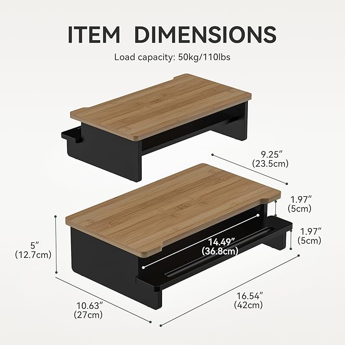 WELL WENG Monitor Stand Monitor Stand Riser for Desk,Wood Desk Shelf Storage Organizer with Phone Tablet Holder (16.5 Inch, Black & Dark Bamboo)