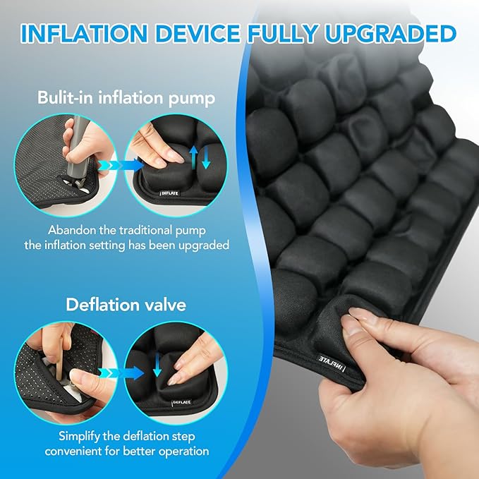 56 Air Cell Inflatable Travel Seat Cushion, 3D Air Bubble Design for Pressure Relief & Ergonomic Support, Self-Inflating with Press Button（No Pump Needed）,Portable for Office Chair,Car,Wheelchair,Home