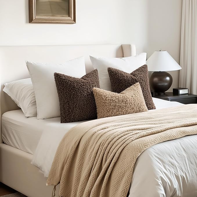 Woaboy Faux Fur Throw Pillow Covers 20x12 Inch Set of 2 Boucle Neutral Decorative Lumbar Sherpa Fuzzy Accent Soft Sheepskin Fleece Cushion Modern Home Decor for Couch Sofa Bedroom Livingroom,Chocolate