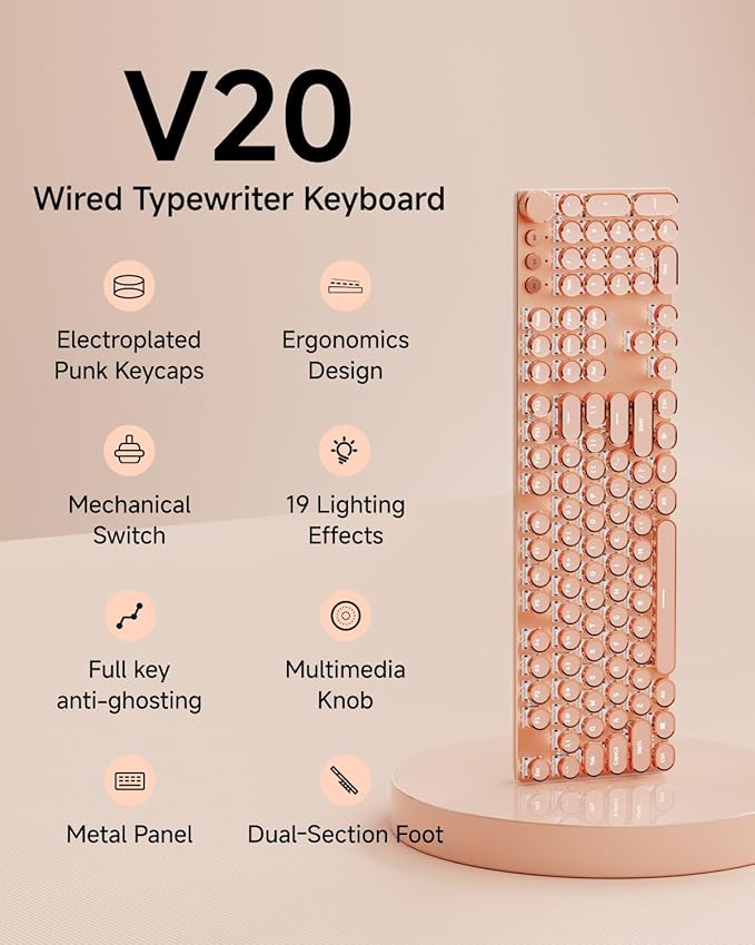 EWEADN Typewriter Style Mechanical Keyboard, Wired Typewriter Keyboard,104 Keys Retro Typewriter Keyboards, Media Control Knob, Wired Computer Keyboard Pink Switch for Windows/Mac/PC-Pink