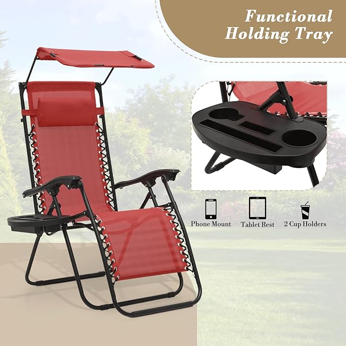 Athena Collection Zero Gravity Outdoor Lounge Chair Set of 2 with Canopy Shade, 25" Width Pool Lounge Lawn Chairs Reclining with Cup Holder, Outdoor Chaise for Beach Patio Outside, Dark Red