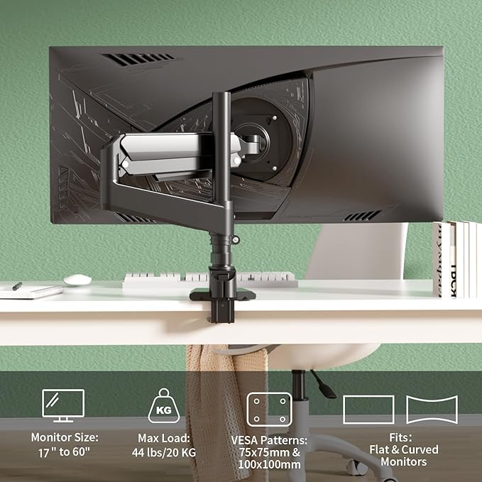 GUZHIKU Monitor Arm for 17 to 60 inch, Hold 44 lbs, Fully Adjustable Heavy Duty Desk Mount, Monitor Stand Fit 57 55 49", Ultrawide Monitors Bracket Clamp/Grommet Base VESA 75x75/100x100, Black,H9B