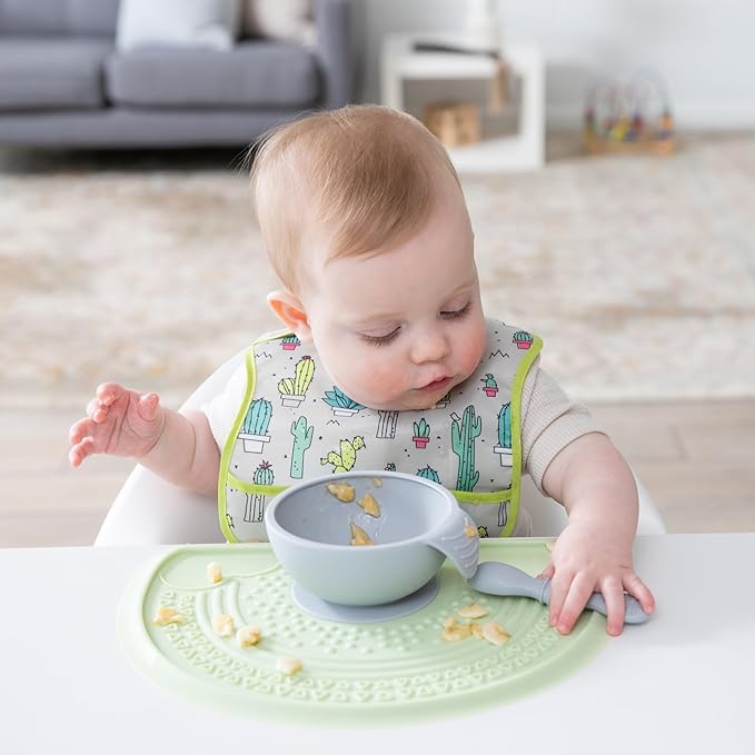 Bumkins Baby Bowl, Silicone Feeding Set with Suction for Baby and Toddler, Includes Spoon and Lid, First Feeding Set, Training Essentials for Baby Led Weaning for Babies 4 Months Up, Gray