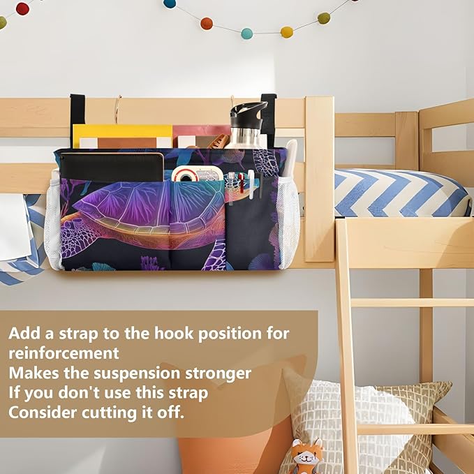 Colorful Gradient Turtle Fish and Coral Bedside Caddy for Dorm Bed Bedside Hanging Caddy Bag Iron Frame Storage Organizer Pocket for Bunk Home College Hospital Beds 2 Hooks